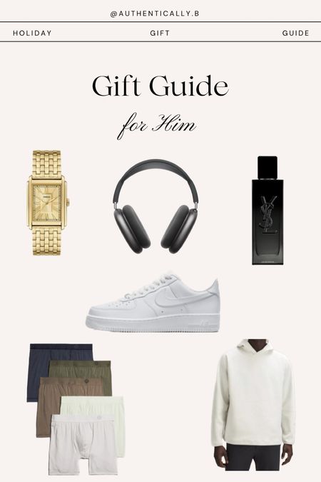 Gift guide for him! Comfy underwear, gold watch, ysl fragrance, Apple headphones, white air force ones, cozy hoodie  

#LTKHoliday #LTKGiftGuide #LTKCyberWeek