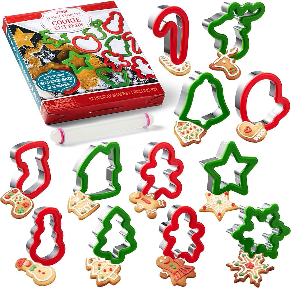 JOYIN 13 Pcs Stainless Steel Christmas Cookie Cutters with Comfort Grip 3.5í plus a Rolling Pin ... | Amazon (US)