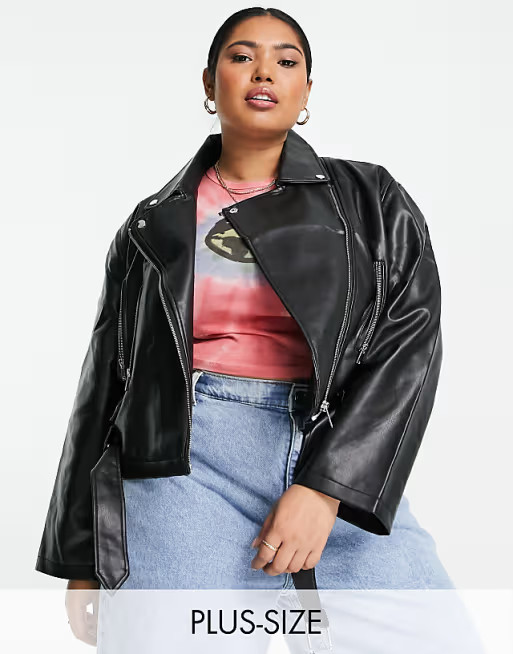 Urban Bliss Plus faux leather biker jacket in black | ASOS (Global)