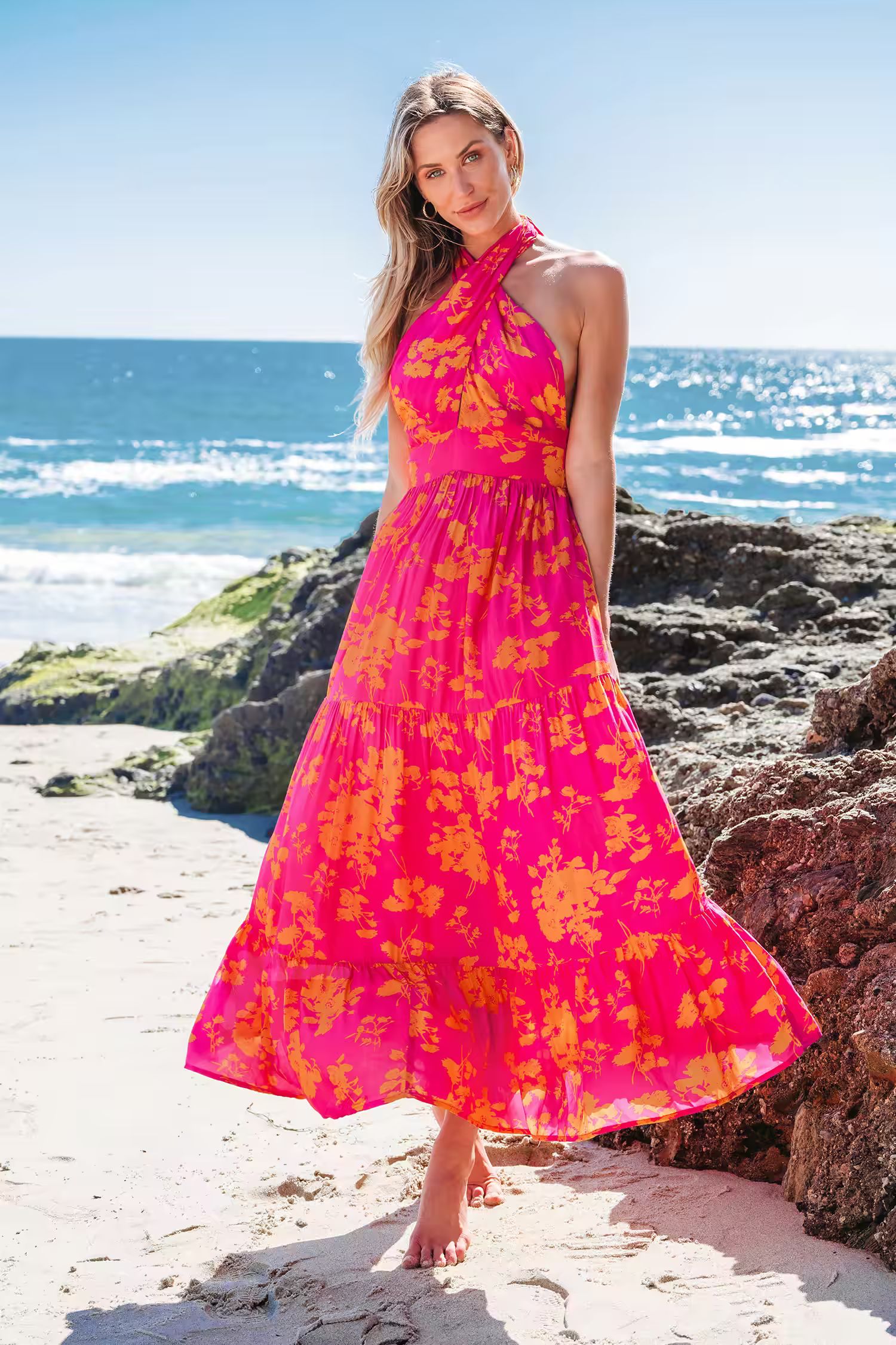 Pink & Orange Floral Crossover Halter Maxi Dress | Cupshe US