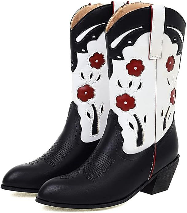 Vimisaoi Western Cowboy Boots for Womens Flower Cute Pull On Round Toe Wide Calf Long Tall Cowgir... | Amazon (US)