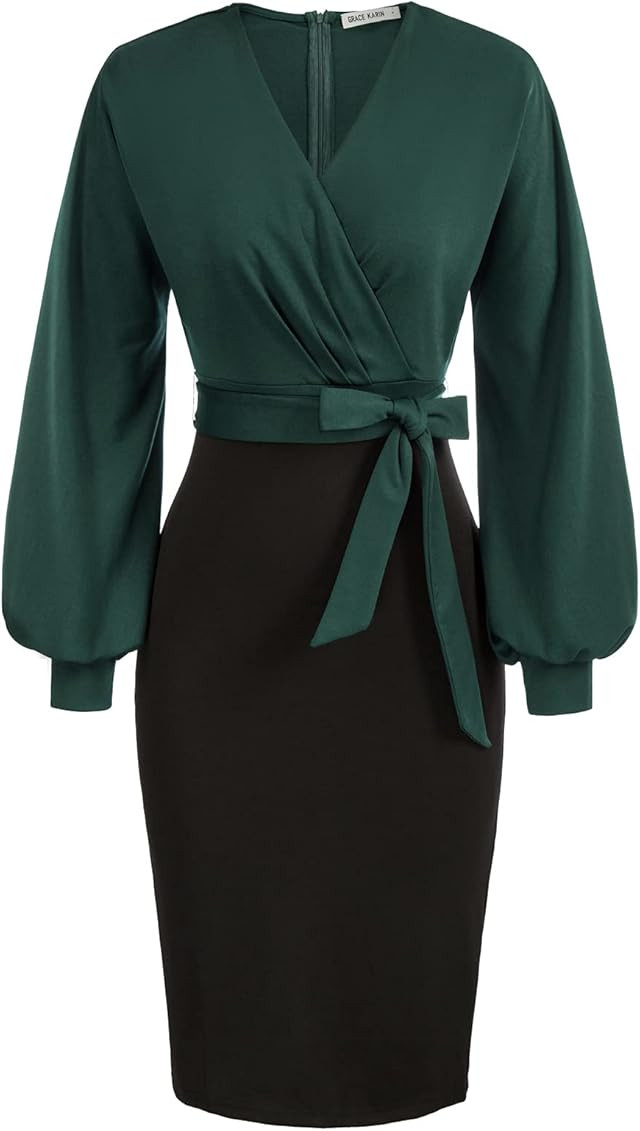 GRACE KARIN Women's Work Pencil Dress Wedding Guest Office Dresses Cocktail Party Long Sleeve | Amazon (US)