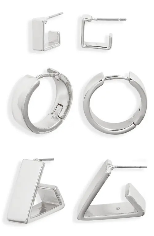 Open Edit 3 Pairs of Geometric Earrings in Silver at Nordstrom | Nordstrom