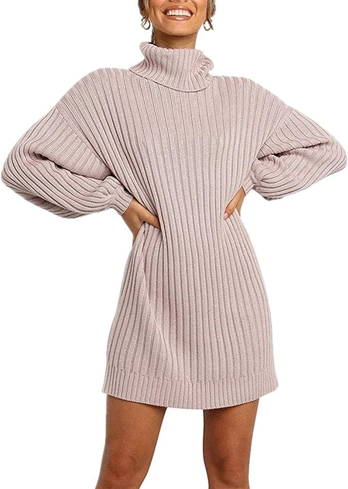 Cyiozlir Women's Knitted Dress Turtleneck Long Sleeve Pullover Dress Elegant Knitted Jumper Long ... | Amazon (UK)