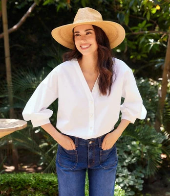 Lantern Sleeve Pearl Button Top | Karen Kane