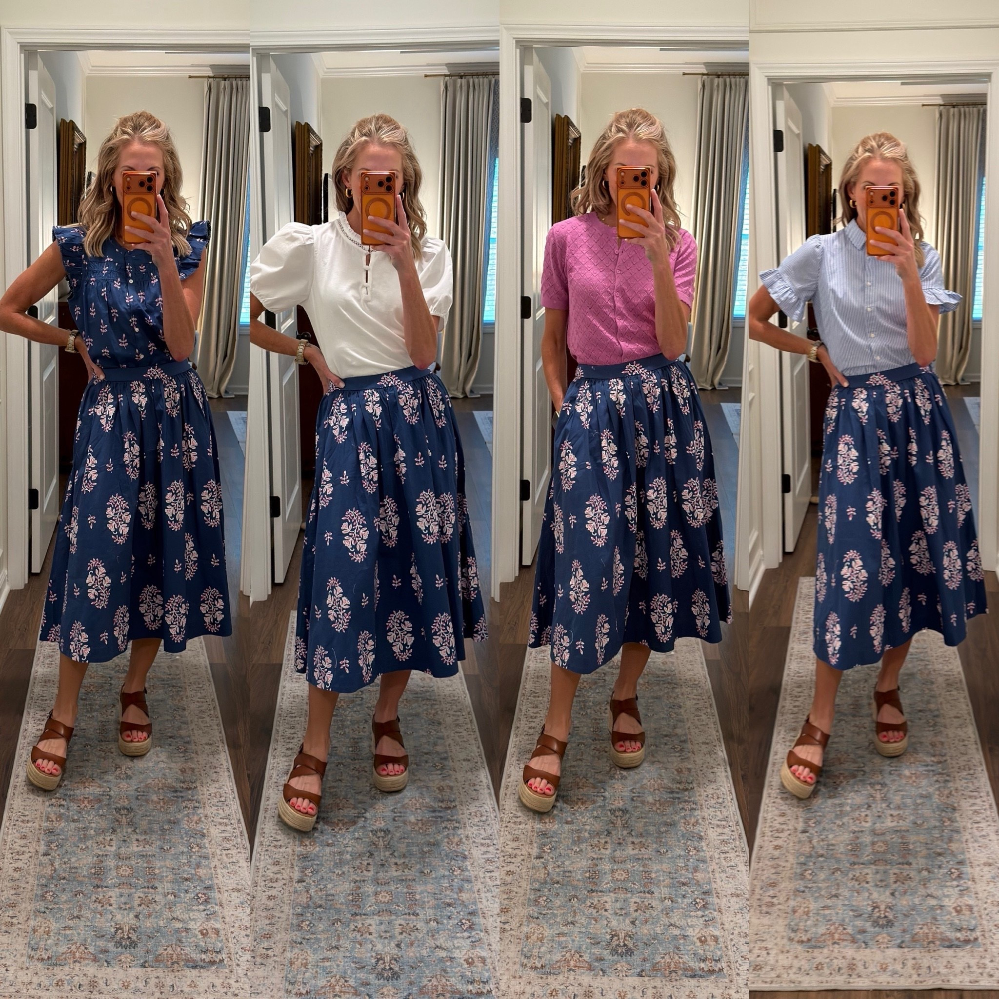 How beautiful is this blue and pink cotton poplin midi skirt from J Crew Outlet? I styled it four different ways, and I cannot choose a favorite. I think it looks so beautiful with the matching flutter sleeve top, but the solid colored button front summer to fall transitional tops look so chic as well. All of these looks check the most important boxes to me for my work wardrobe: affordability, comfort, versatility and this skirt has pockets!
Workwear favs, teacher approved outfits

#LTKOver40 #LTKSeasonal #LTKWorkwear