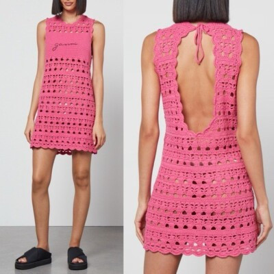 NWT Ganni Logo Crochet Open Back Tunic Shocking Pink Coverup Mini Dress Size M  | eBay | eBay US