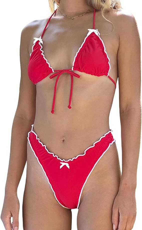 Women Sexy Triangle Bikini Set Cute Printed 2 Piece Swimsuit Y2k Ruffle Trim Bathing Suit Coquett... | Amazon (US)
