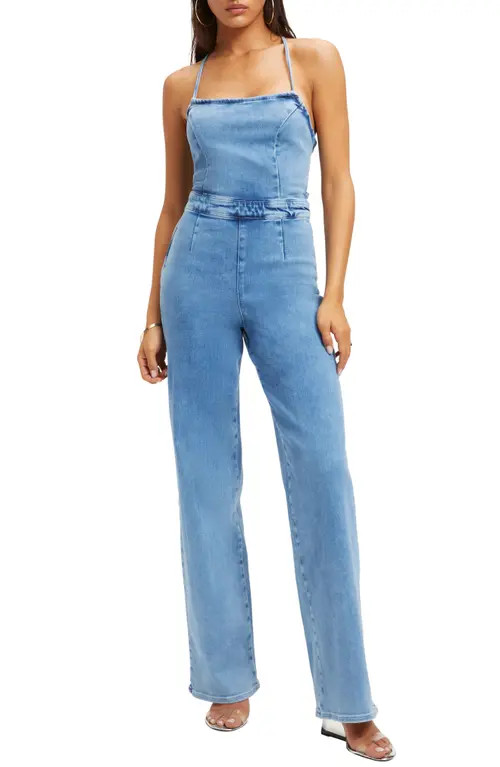 Good American Vacay Lace-Up Stretch Denim Jumpsuit in Indigo176 at Nordstrom | Nordstrom