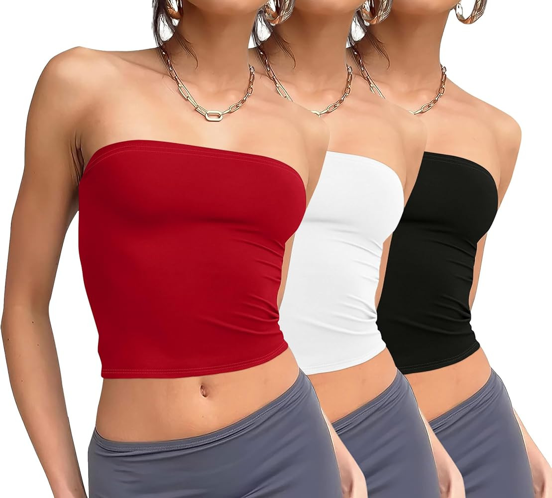 WIHOLL 3 Pack Tube Tops for Women Slim Fit Crop Tops Going Out Strapless Tank Tops Bandeau Summer... | Amazon (US)