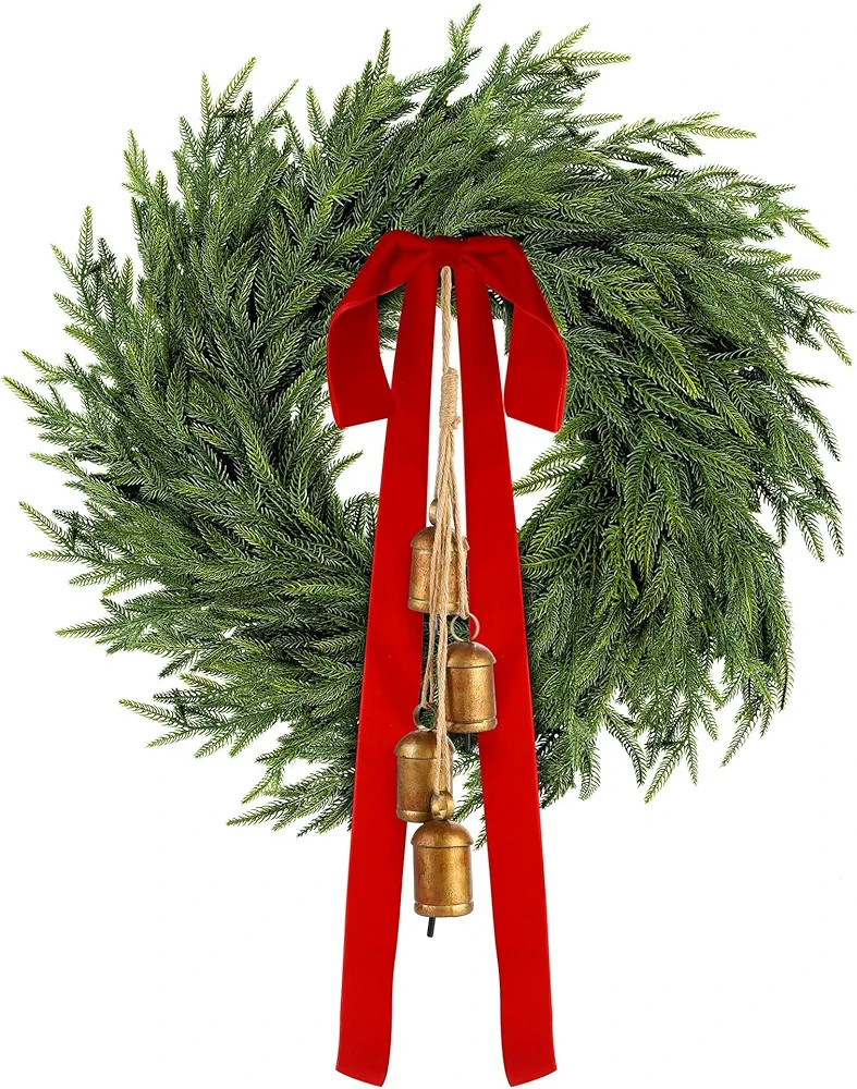 Fovths 24 Inch Christmas Wreath Large Real Touch Norfolk Pine Wreath with Bells Velet Ribbon Bows... | Amazon (US)