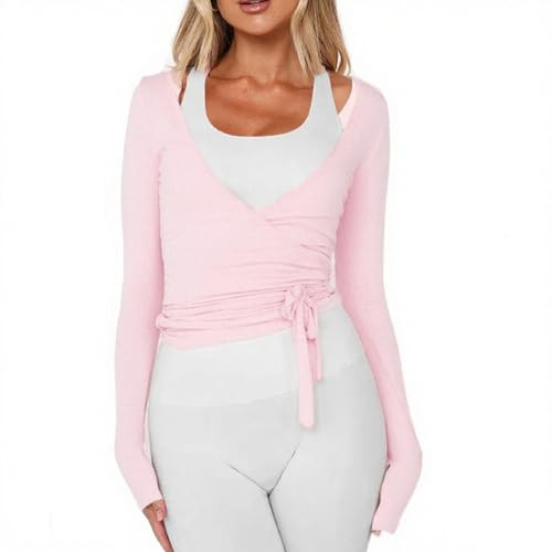 Women Ballet Wrap Top Long Sleeve Self Tie Dance Shirt Pilates Yoga Tops Y2k Workout Active Blous... | Amazon (US)