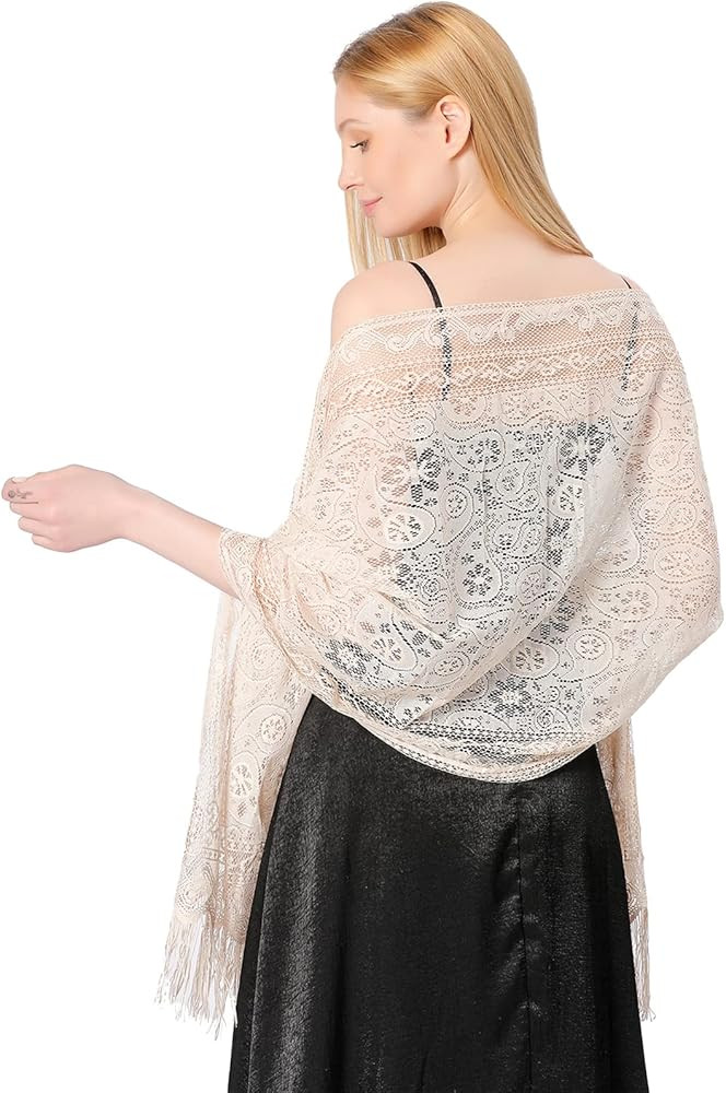 Ladiery Lace Shawls and Wraps For Women Evening Party Dress, Soft Cashew Floral Lightweight Fring... | Amazon (US)