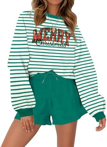 VILOVE Christmas Sweat Shorts Sets Women 2 Piece Merry Xmas Jolly Sequin Outfit Oversized Casual ... | Amazon (US)