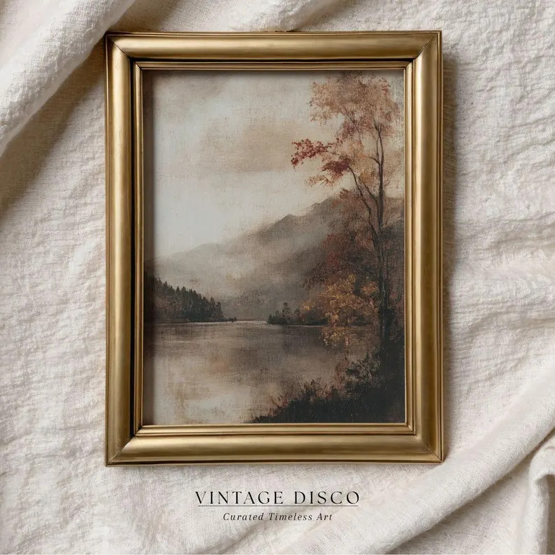 Vintage Autumn Lake Landscape - Printable Fall Wall Art, Muted Rustic Farmhouse Decor - Etsy | Etsy (US)