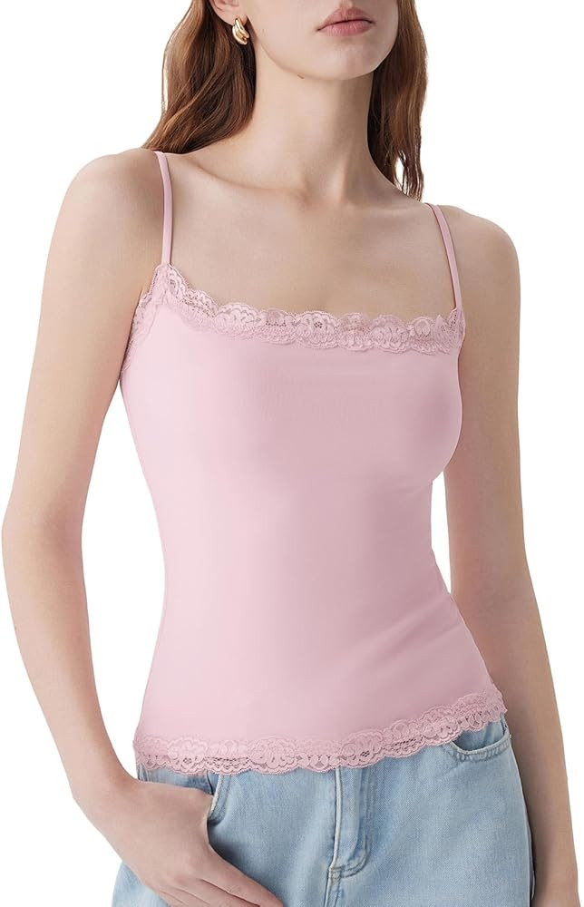 SUUKSESS Women Lace Double Lined Camisole Top Spaghetti Strap Going Out Tank Top | Amazon (US)