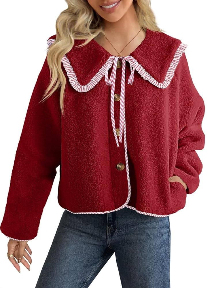 Tankaneo Womens Fuzzy Fleece Jacket Peter Pan Collar Button Down Fall Winter Sherpa Coats Colorbl... | Amazon (US)