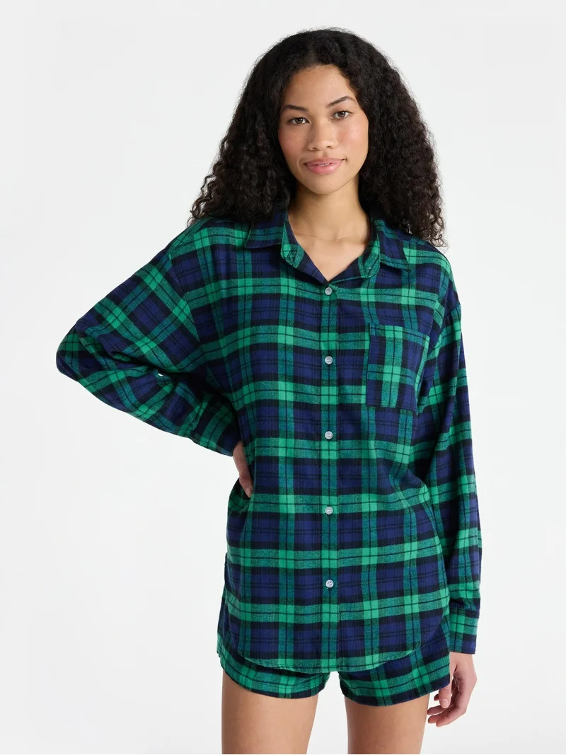 No Boundaries Sleepwear Cotton Flannel Button Down Shirt, Women’s | Walmart (US)