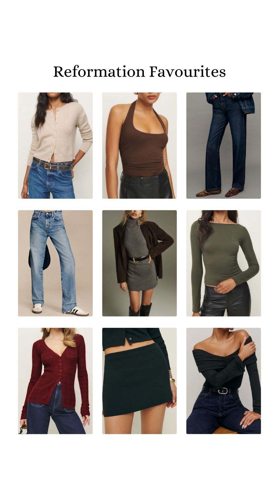 Reformation Favourites 🤍🤍
knitwear/ burgundy knitwear / jeans / denim / skirt/ party season / partywear / going out top / winter top / winter dress 

 #LTKuk #LTKeurope #LTKwinter