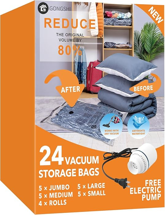 24 Pack Vacuum Storage Bags with Electric Pump, (5 Jumbo, 5 Large, 5 Medium, 5 Small, 4 Roll Up B... | Amazon (US)