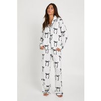 boohoo Women's Satin Bow Print Long Sleeve Shirt & Trousers Pyjama Set in White | Size: 16 | Boohoo.com (UK & IE)
