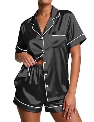 Ekouaer Women's Pajama Sets Silk Pjs Satin Sleepwear Button Down Sleep Set Summer Loungewear Top and Shorts Pjs BlackSmall | Amazon (US)