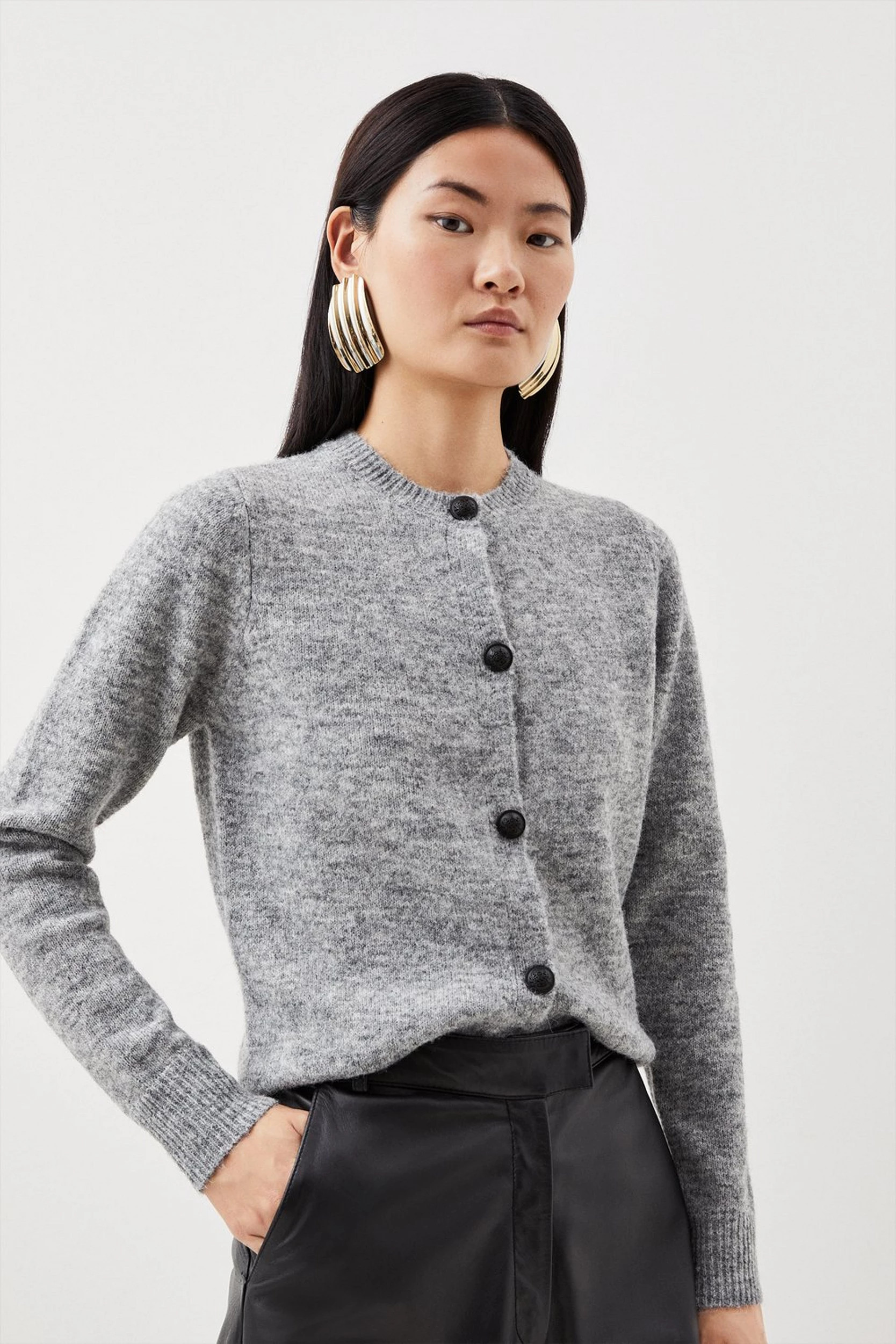 Wool Blend Cosy Crew Neck Knit Cardi | Karen Millen UK + IE + DE + NL