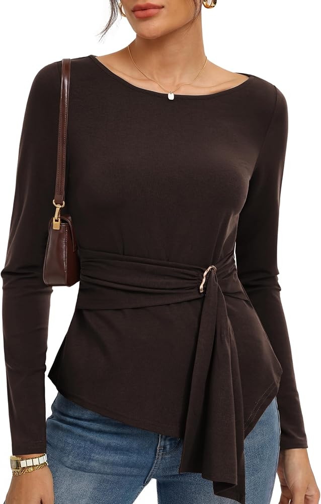 Kate Kasin Women Boat Neck Wrap Blouses, Cinched Waist Asymmetrical Tops | Amazon (US)