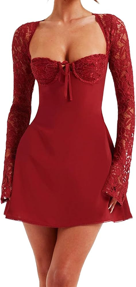 Women Lace Patchwork Mini Dress Casual Summer Long Sleeve Tie Up Backless A-Line Party Bodycon Dr... | Amazon (US)