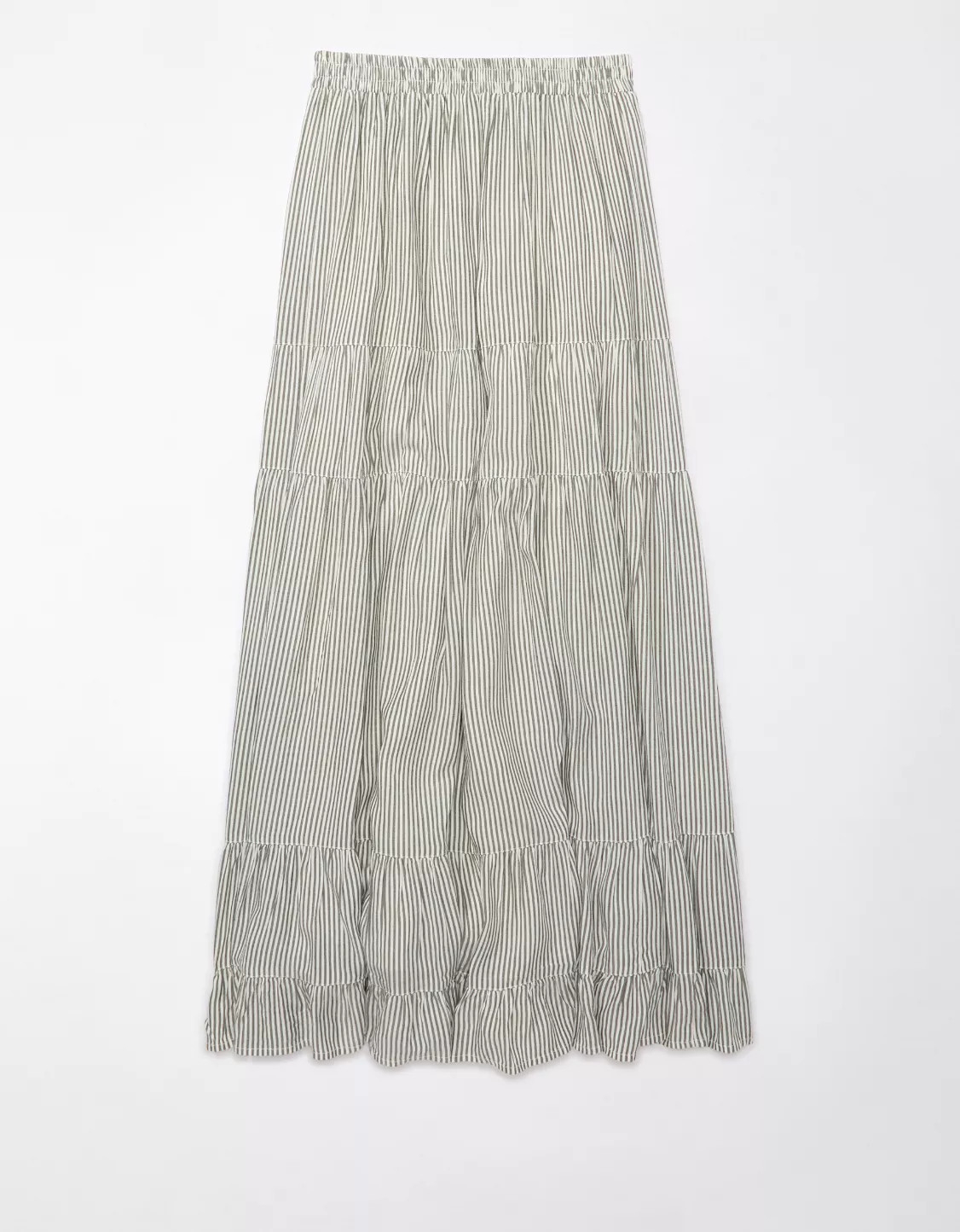 AE High-Waisted Striped Tiered Ruffle Hem Maxi Skirt | American Eagle Outfitters (US & CA)