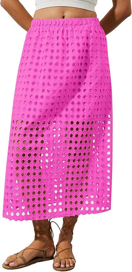 2025 Summer Casual Long Skirt for Women Hollow Out Midi Skirt Eyelet Beach Skirt | Amazon (US)