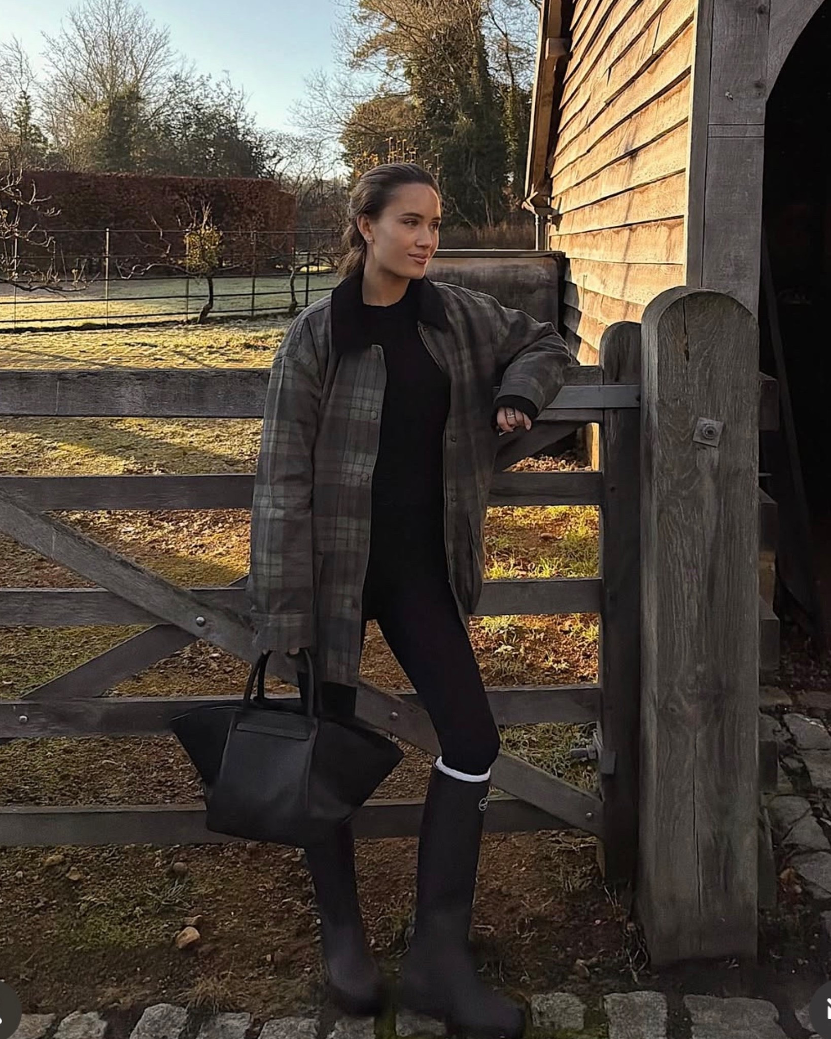 Countryside chic wearing a checkered barn jacket with a black knit and leggings, all from Abercrombie. Styled with knee-high socks from H&M, my Le Chameau rain boots, and a black DeMellier bag.

#LTKuk #LTKwinter