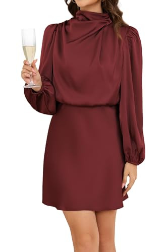 Womens Long Sleeve Cocktail Dress Satin High Neck Formal Mini Dress | Amazon (US)