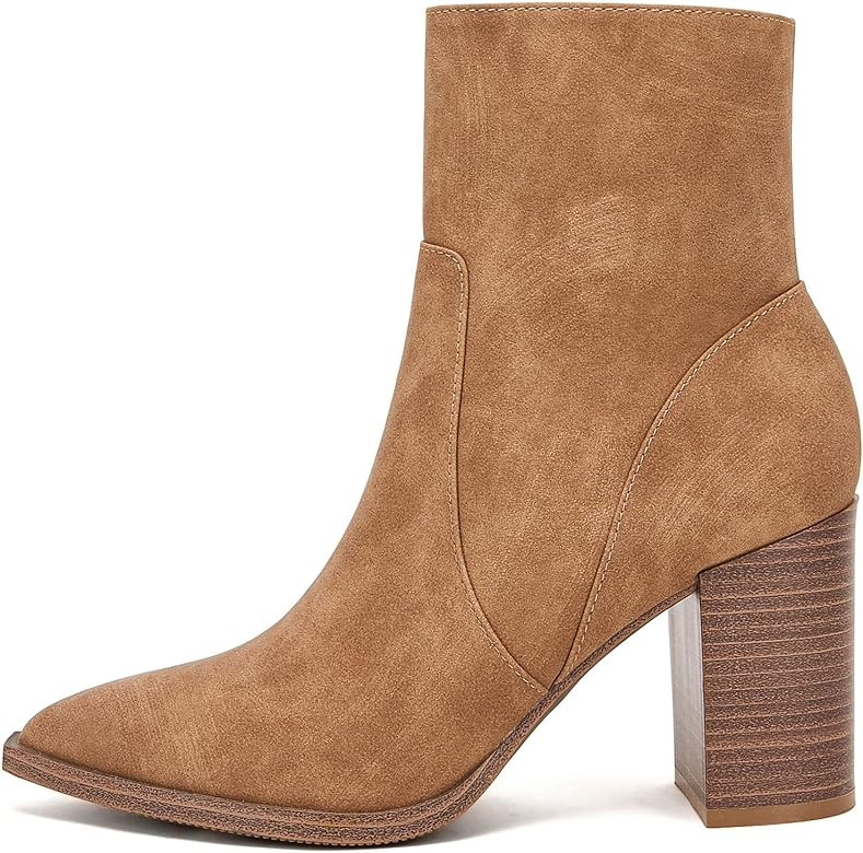 LAICIGO Women's Pointed Toe Ankle Boots Chunky Stacked Heel Side Zipper Faux Leather Ankle Booties | Amazon (US)