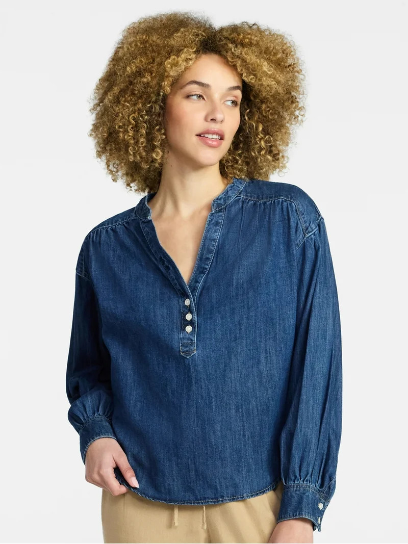Time and Tru Women's Popover Denim Top with Long Sleeves, Sizes XS-XXXL | Walmart (US)