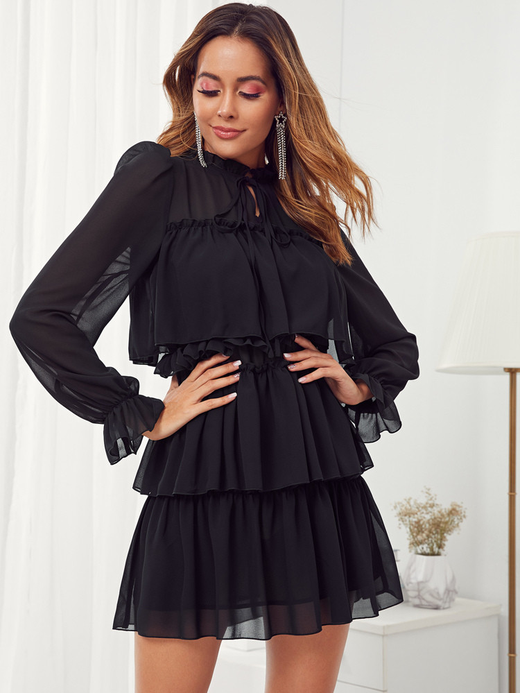 Tie Neck Ruffle Trim Layered Dress | SHEIN