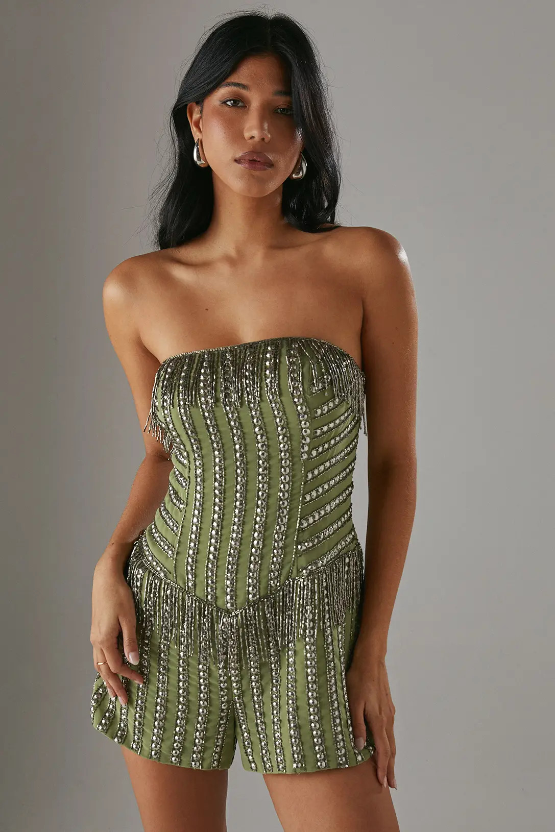 Hand Embellished Sequin Fringe Stud Bandeau Playsuit | Nasty Gal US