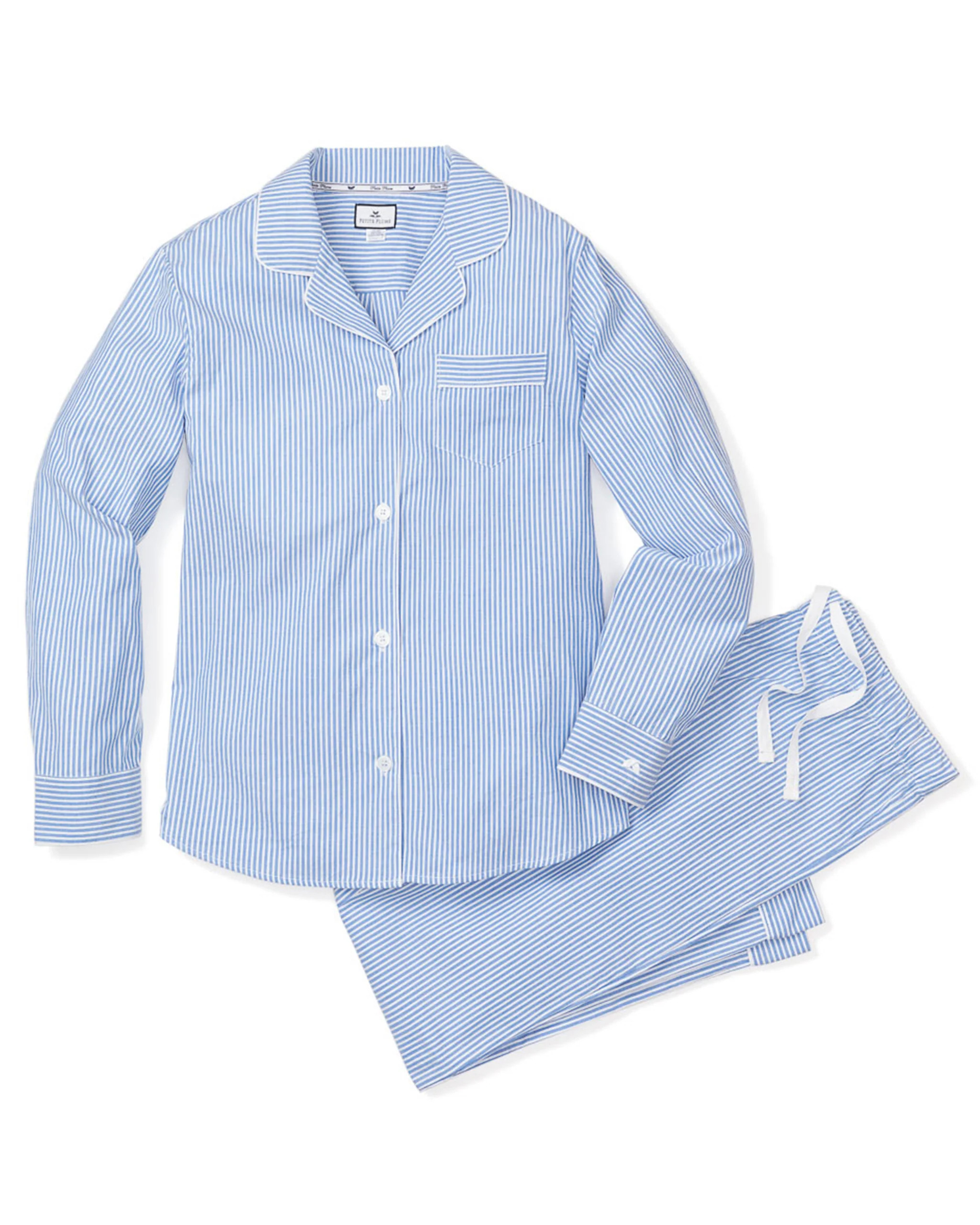Women's Twill Pajama Set in French Blue Heritage Stripe | Petite Plume