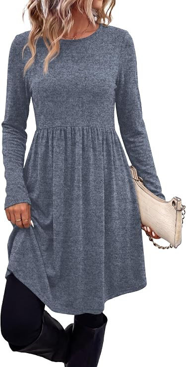 OFEEFAN Womens Long Sleeve Fall Dresses with Pockets Crew Neck Babydoll Casual Winter Dress 2026 | Amazon (US)