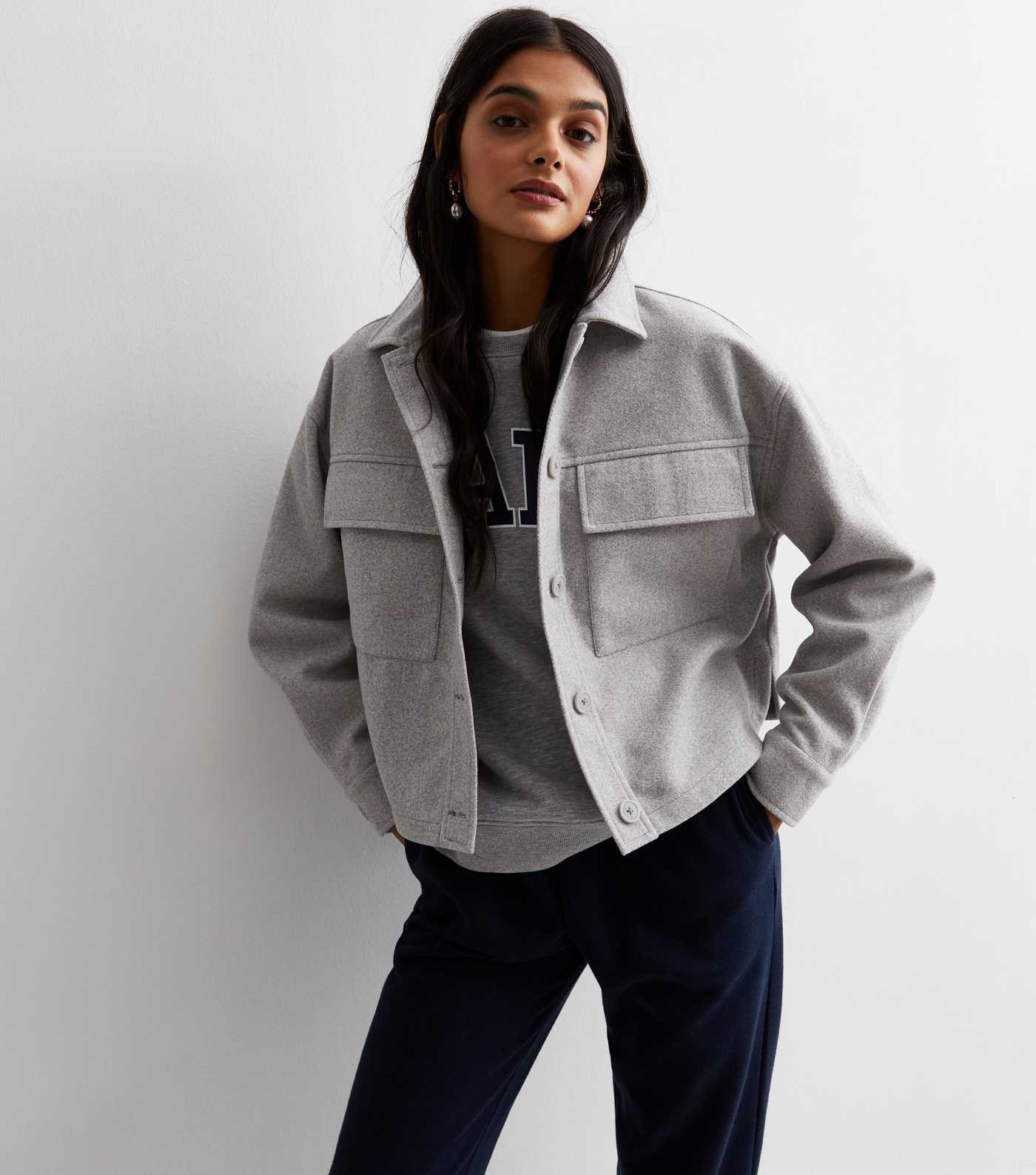 Pale Grey Double Pocket Crop Shacket
						
						Add to Saved Items
						Remove from Saved Item... | New Look (UK)