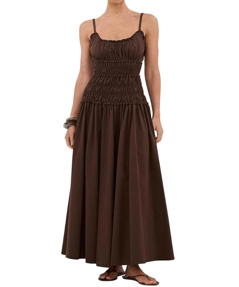 Women Spaghetti Strap Maxi Dress Sleeveless Scoop Neck Smocked Ruffle Tiered Elastic Long Summer ... | Amazon (US)