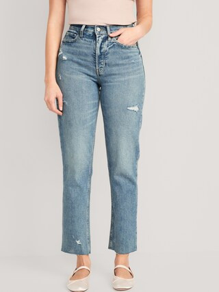 Curvy Extra High-Waisted Sky-Hi Straight Button-Fly Cut-Off Jeans for Women | Old Navy (CA)