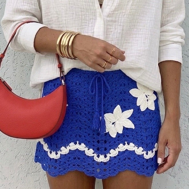 Crochet mini skirt from Macys wearing size small. Red Kate spade bag 50% off