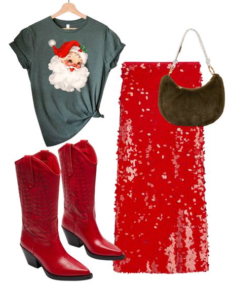 Holiday party outfit
Sequin skirt
Santa shirt 
Fur purse 
Red Cowboy boots 

#LTKfindsunder50 #LTKSeasonal #LTKHoliday