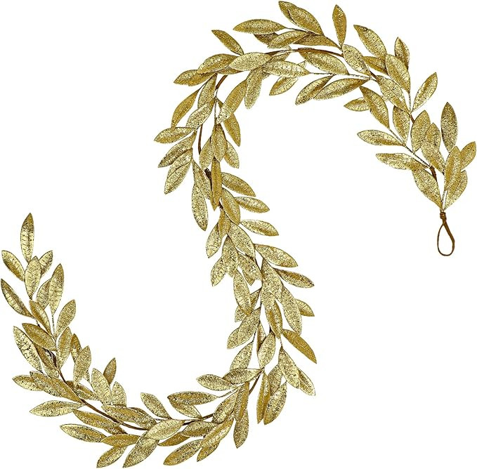 6FT Christmas Gold Leaf Garland Glitter Bay Leaves Garland Artificial Bay Leaf Garlands Faux Glit... | Amazon (US)