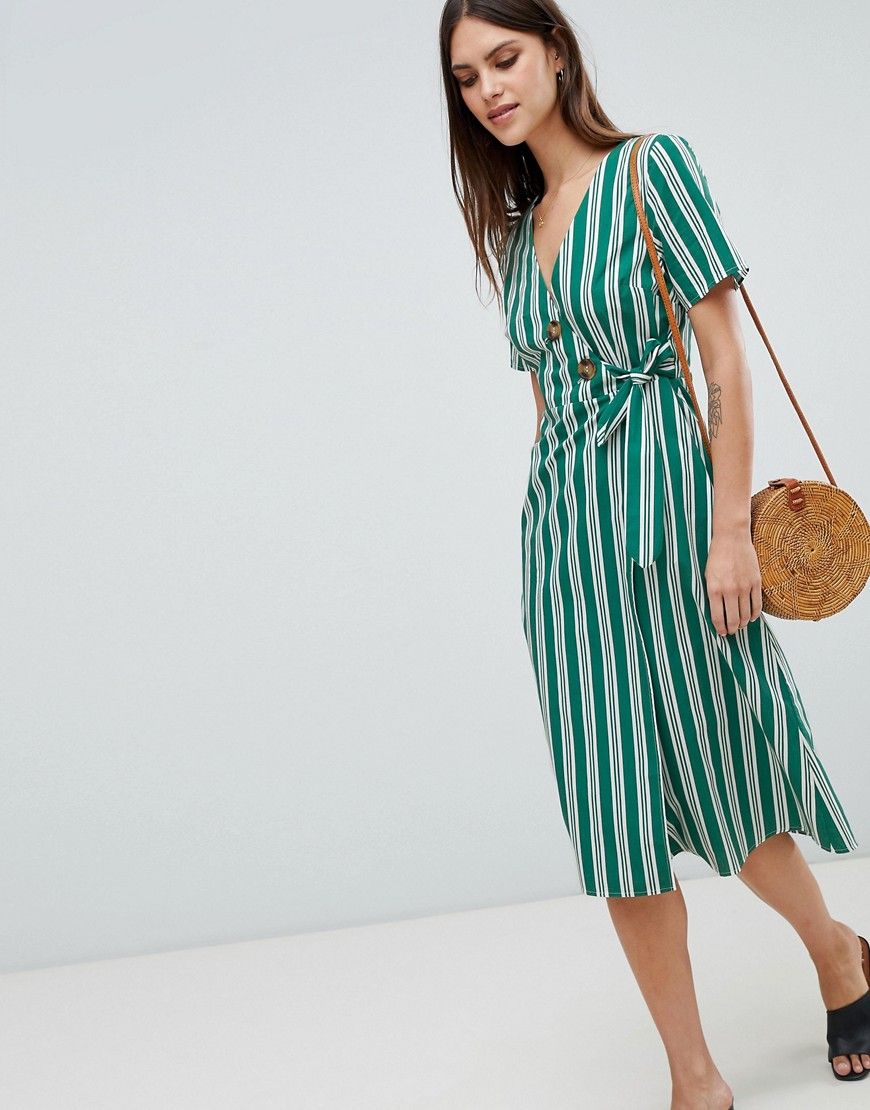 ASOS DESIGN cotton green stripe midi dress with buttons - Multi | ASOS US