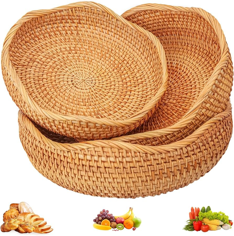 3 PCS Rattan Bread Basket - 3 Size Authentic Handmade Decorative Woven Baskets for Kitchen, Round... | Amazon (CA)