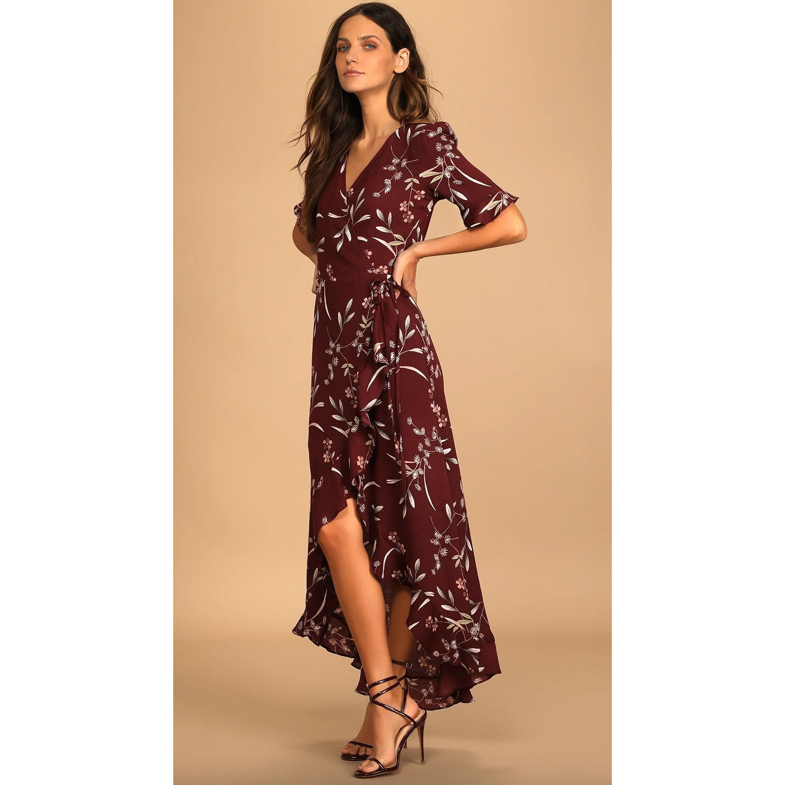 Lulus Burgundy Floral Wild Winds Wrap Dress XL Short Ruffle Sleeve Boho Chiffon | eBay US