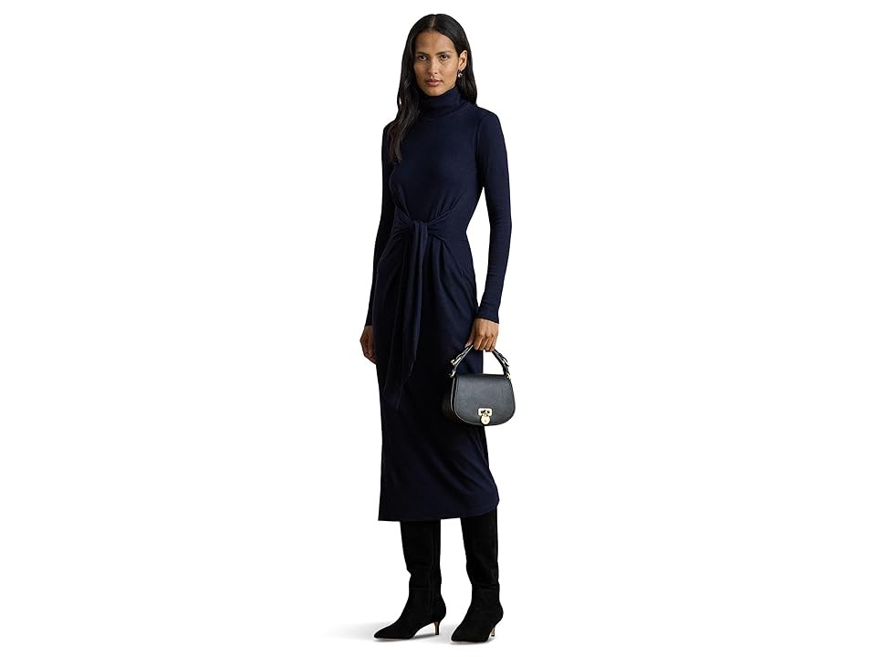 Lauren Ralph Lauren Tie-Front Turtleneck Dress Women's Dress Lighthouse Navy : XS, Cotton/Elastane/Modal | Zappos