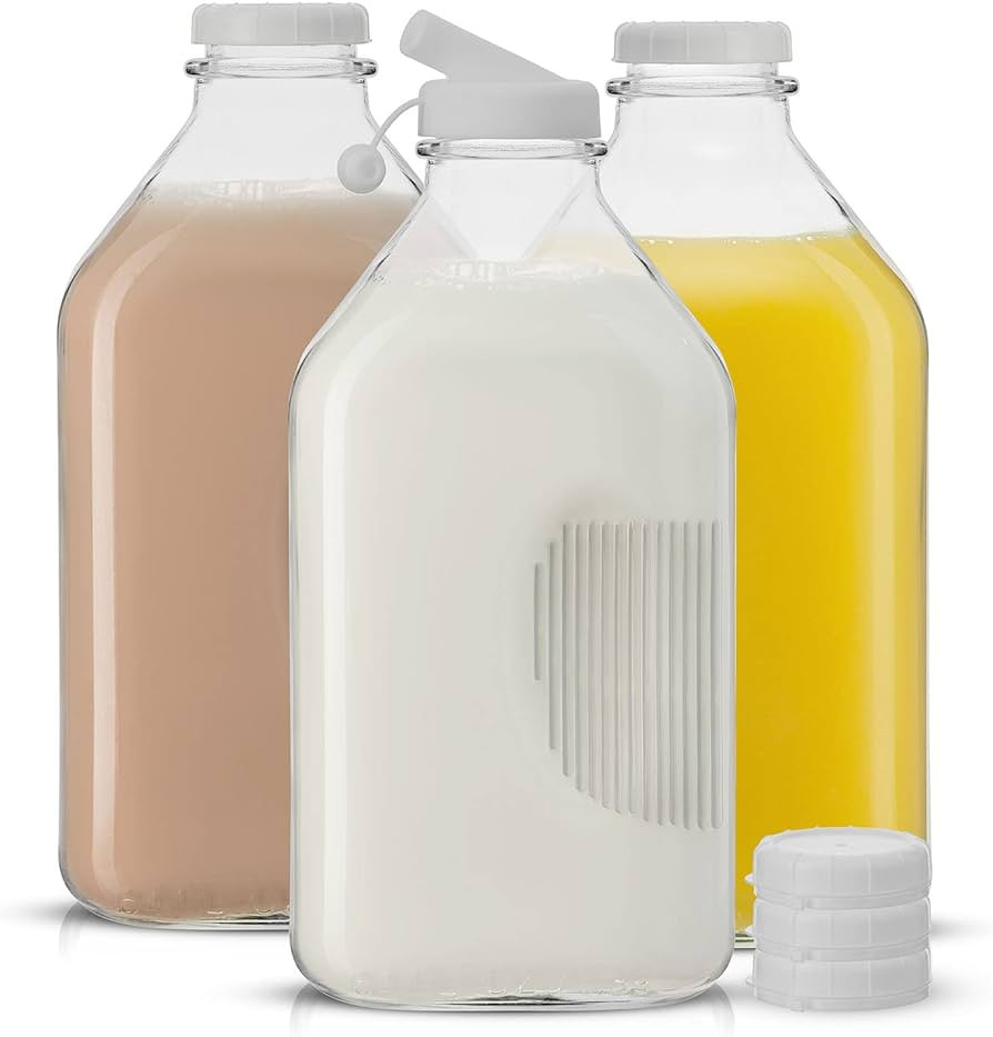 Glass Milk Bottle with Lid AND Pourer Multi-Pack. 64 Oz Reusable Glass Bottles with 6 Lids! Glass... | Amazon (US)